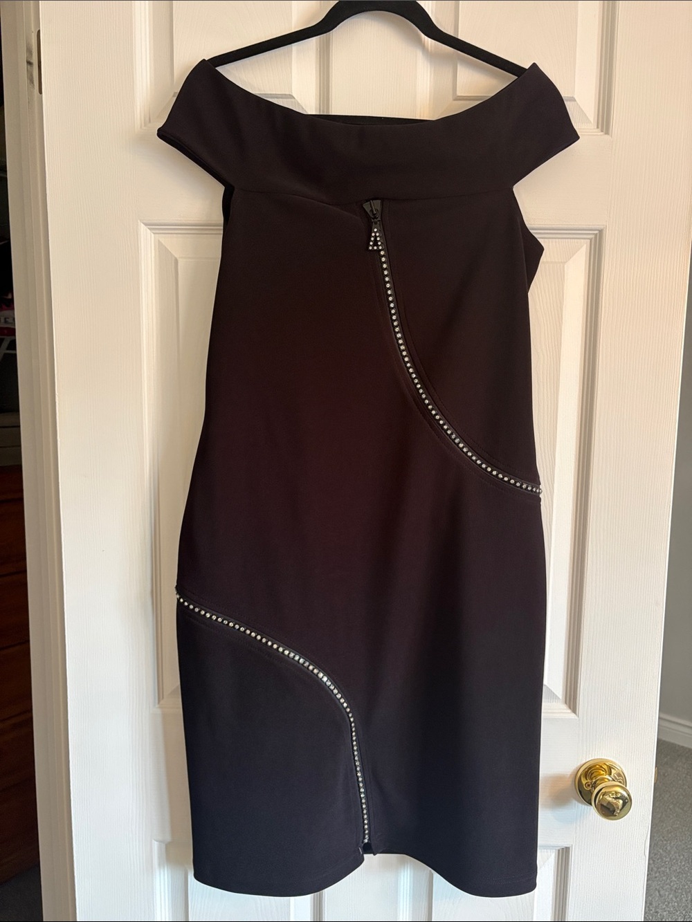 JOSEPH RIBKOFF Off Shoulder Black Dress with Diamanté Zipper Trim